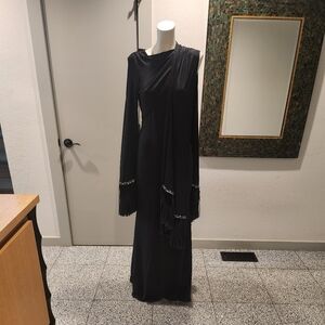 Black Long Sleeve Fringe Evening Dress - Women's Formal Gown